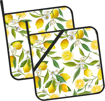 Lemon Fruits Pot Holders Set of 2 Heat Resistant & Non Slip Potholders, White Flower Oven Hot Pads for Kitchen Cooking Baking Barbecue
