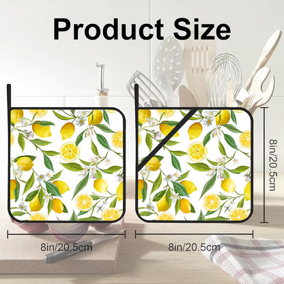 Lemon Fruits Pot Holders Set of 2 Heat Resistant & Non Slip Potholders, White Flower Oven Hot Pads for Kitchen Cooking Baking Barbecue