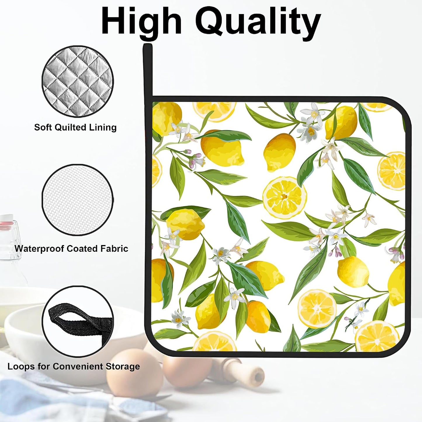 Lemon Fruits Pot Holders Set of 2 Heat Resistant & Non Slip Potholders, White Flower Oven Hot Pads for Kitchen Cooking Baking Barbecue