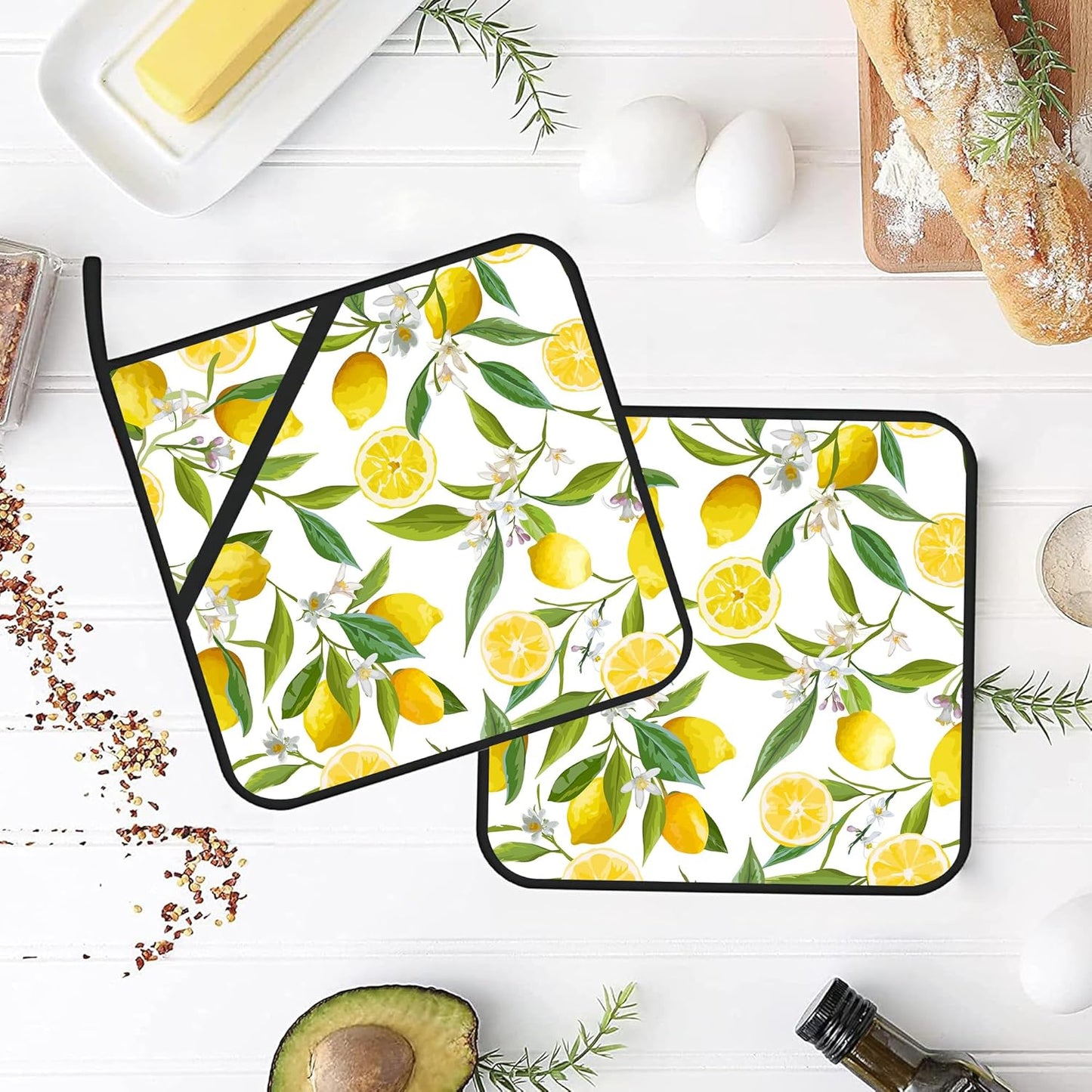 Lemon Fruits Pot Holders Set of 2 Heat Resistant & Non Slip Potholders, White Flower Oven Hot Pads for Kitchen Cooking Baking Barbecue