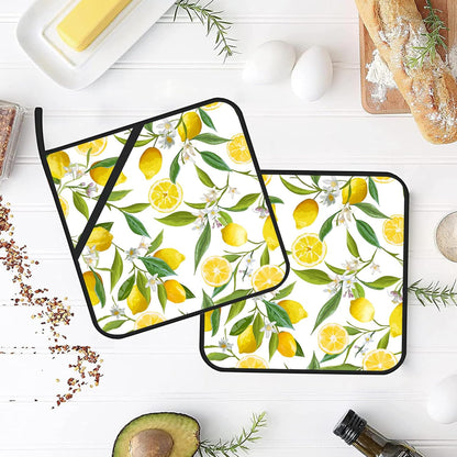 Lemon Fruits Pot Holders Set of 2 Heat Resistant & Non Slip Potholders, White Flower Oven Hot Pads for Kitchen Cooking Baking Barbecue