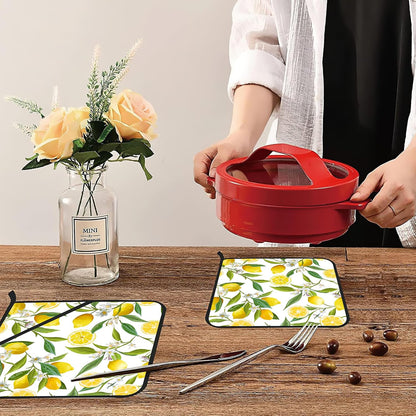 Lemon Fruits Pot Holders Set of 2 Heat Resistant & Non Slip Potholders, White Flower Oven Hot Pads for Kitchen Cooking Baking Barbecue