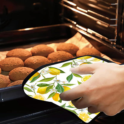 Lemon Fruits Pot Holders Set of 2 Heat Resistant & Non Slip Potholders, White Flower Oven Hot Pads for Kitchen Cooking Baking Barbecue