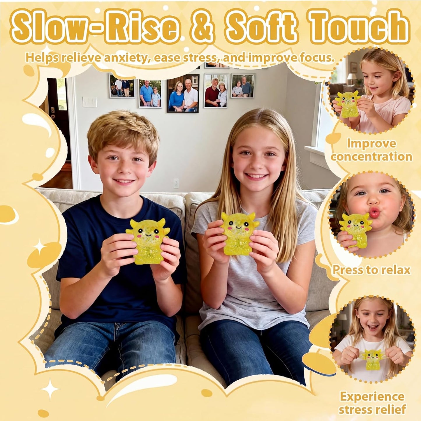 Axolotl Squishy Toy, Cute Slow Rising Fidget Toy for Stress Relief, Soft Squeeze Sensory Toy for Kids and Adults, Handheld Stress Ball for Anxiety and Focus Sitting Posture Axolotl(Yellow)