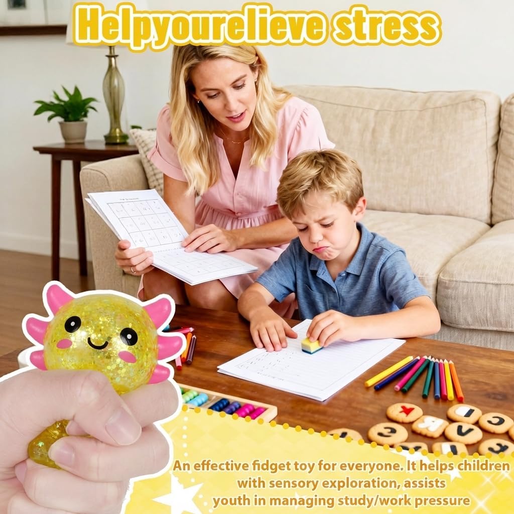 Axolotl Squishy Toy, Cute Slow Rising Fidget Toy for Stress Relief, Soft Squeeze Sensory Toy for Kids and Adults, Handheld Stress Ball for Anxiety and Focus Sitting Posture Axolotl(Yellow)