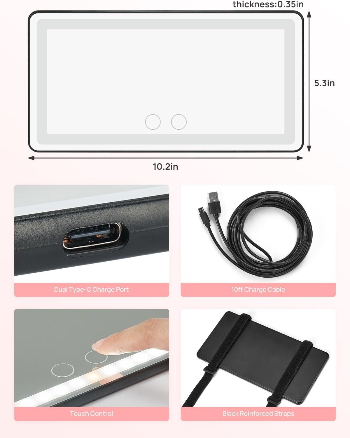 Car Sun Visor Vanity Mirror with Lights, 3 Light Modes & 60 LEDs, Rechargeable Dimmable Touch Control Travel Makeup Mirror for Truck SUV