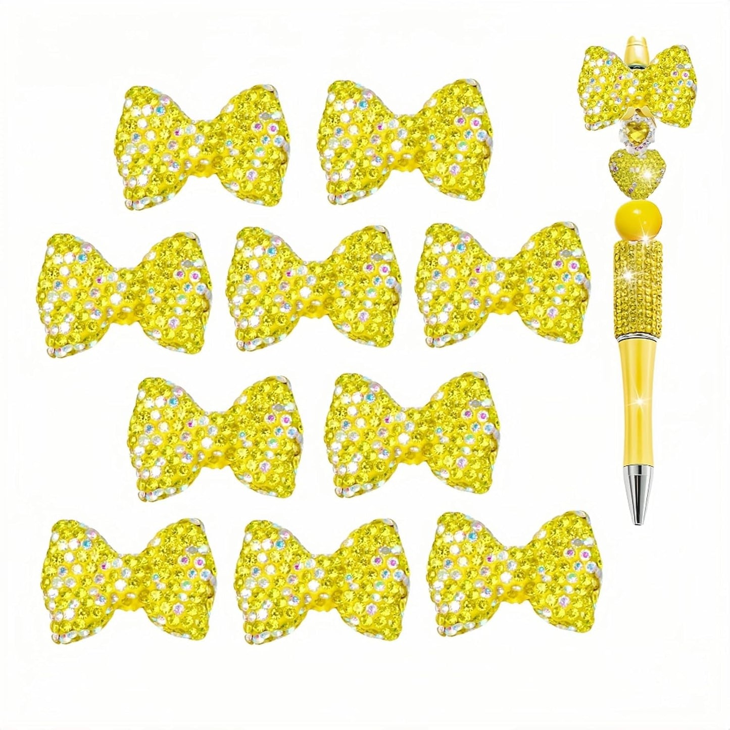 Bow Beads for Pens 10 Pcs Rhinestone Focal Bead for Crafts Fits for Beadable Pens Jewelry Making Braclets Bling Chunky Glitter Beads for DIY Supplies Yellow