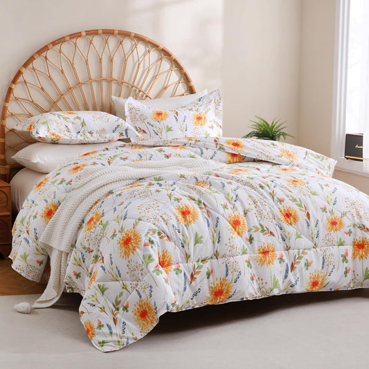 Floral Printed Comforter Set Queen Size, Yellow Spring Flower Pattern Bed Set, Botanical Microfiber Beddings Comforter with Pillow Shams