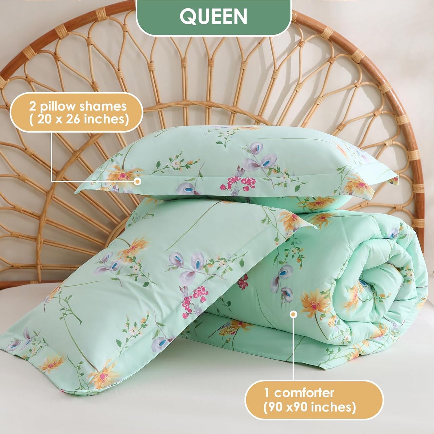 Floral Printed Comforter Set Queen Size, Yellow Spring Flower Pattern Bed Set, Botanical Microfiber Beddings Comforter with Pillow Shams