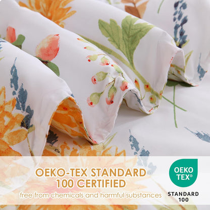 Floral Printed Comforter Set Queen Size, Yellow Spring Flower Pattern Bed Set, Botanical Microfiber Beddings Comforter with Pillow Shams