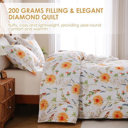 Floral Printed Comforter Set Queen Size, Yellow Spring Flower Pattern Bed Set, Botanical Microfiber Beddings Comforter with Pillow Shams