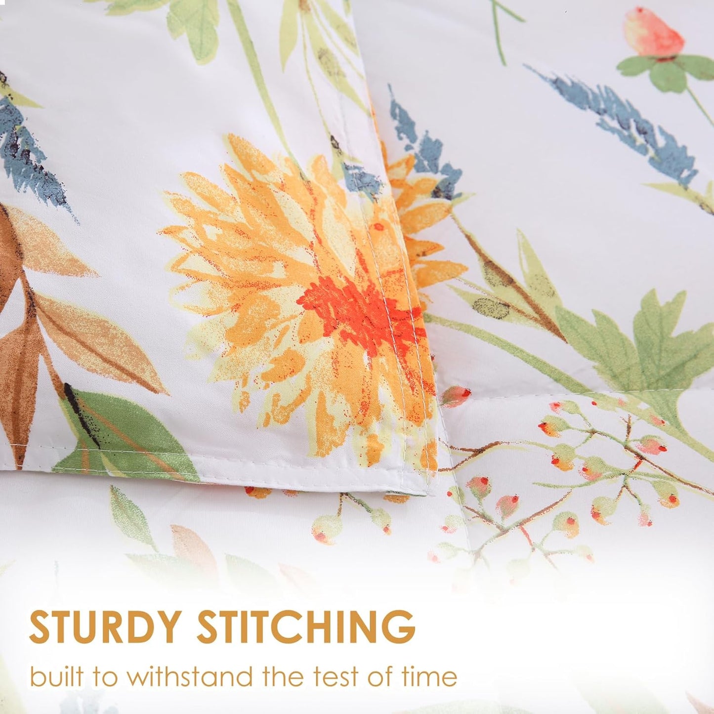 Floral Printed Comforter Set Queen Size, Yellow Spring Flower Pattern Bed Set, Botanical Microfiber Beddings Comforter with Pillow Shams