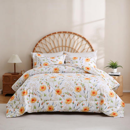 Floral Printed Comforter Set Queen Size, Yellow Spring Flower Pattern Bed Set, Botanical Microfiber Beddings Comforter with Pillow Shams