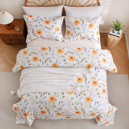Floral Printed Comforter Set Queen Size, Yellow Spring Flower Pattern Bed Set, Botanical Microfiber Beddings Comforter with Pillow Shams
