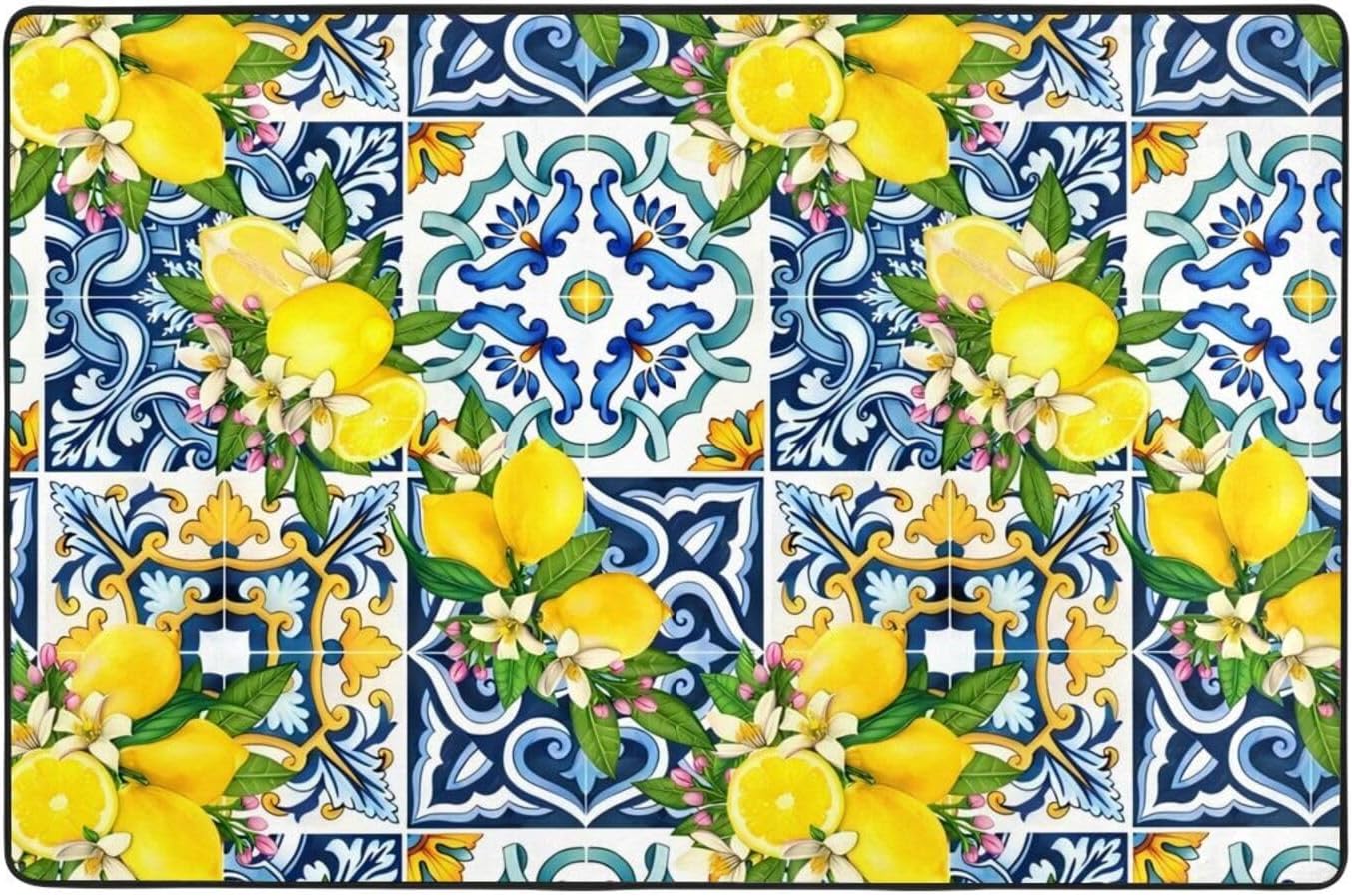 Bright Mediterranean Sicilian Tiles with Citrus Lemons Non Slip Area Rug Print Carpet for Living Room Bedroom Entryway 72"x48"