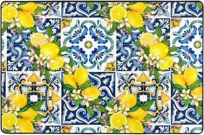 Bright Mediterranean Sicilian Tiles with Citrus Lemons Non Slip Area Rug Print Carpet for Living Room Bedroom Entryway 72"x48"