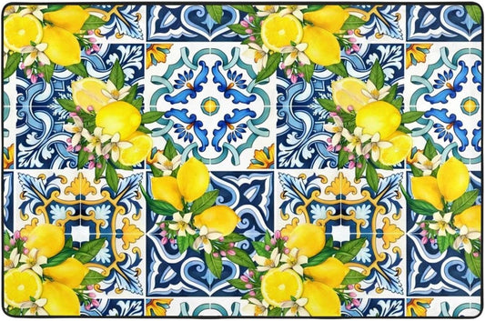 Bright Mediterranean Sicilian Tiles with Citrus Lemons Non Slip Area Rug Print Carpet for Living Room Bedroom Entryway 72"x48"