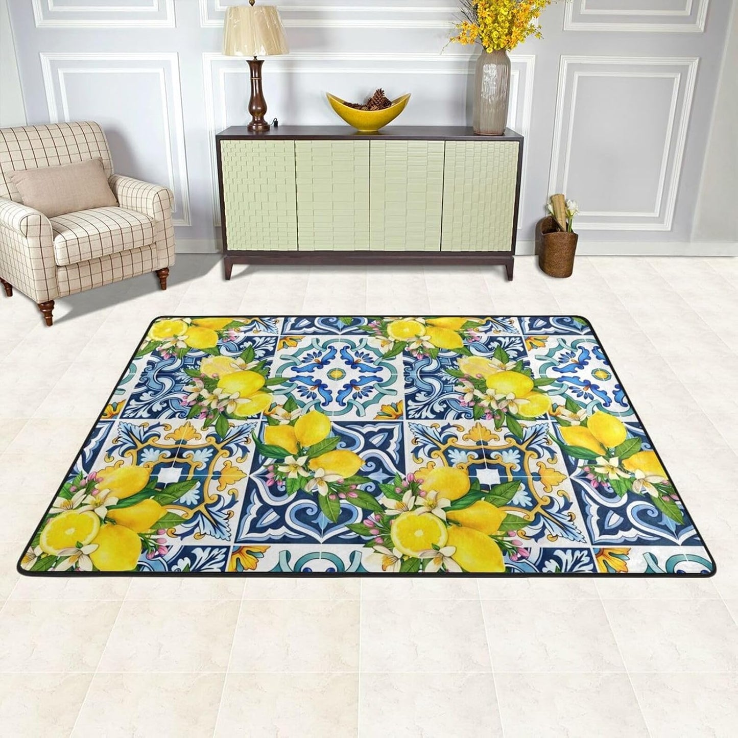 Bright Mediterranean Sicilian Tiles with Citrus Lemons Non Slip Area Rug Print Carpet for Living Room Bedroom Entryway 72"x48"