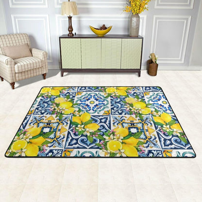 Bright Mediterranean Sicilian Tiles with Citrus Lemons Non Slip Area Rug Print Carpet for Living Room Bedroom Entryway 72"x48"