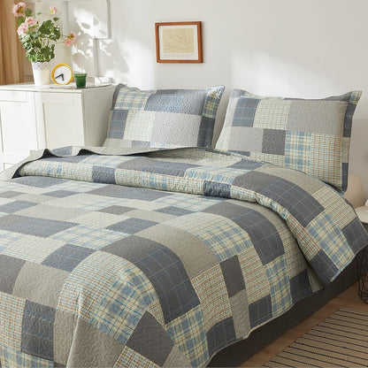 Grey Blue Yellow Bedding Plaid Quilt Full/Queen Size Summer Patchwork Quilts Lightweight Soft Breathable Check Bedspread Gingham Bedding Checker Pattern Coverlet Bed Cover Set Geometric Home Decor