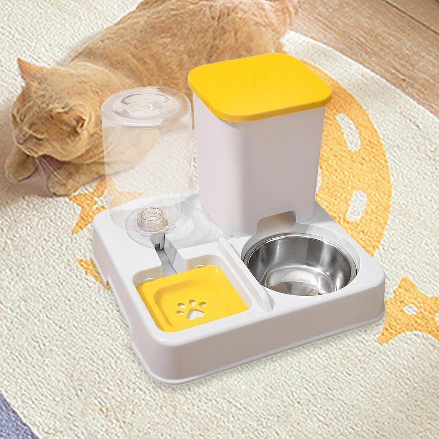 Automatic Feeder Cat Food Dispenser Dog Water Bowl Pet Automatic Feeding Station Portable Detachable Lightweight Large Capacity Self Filling Suitable, Yellow White
