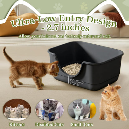 Low Entry Small Litter Box for Kittens, Kitty Plastic Litter Boxes, Open Top, Anti-Splash High Sided Litter Tray Pan for Medium Pets, Puppy, Easy to Clean, 15.7" L*11.8" W*6.7" H (Black)