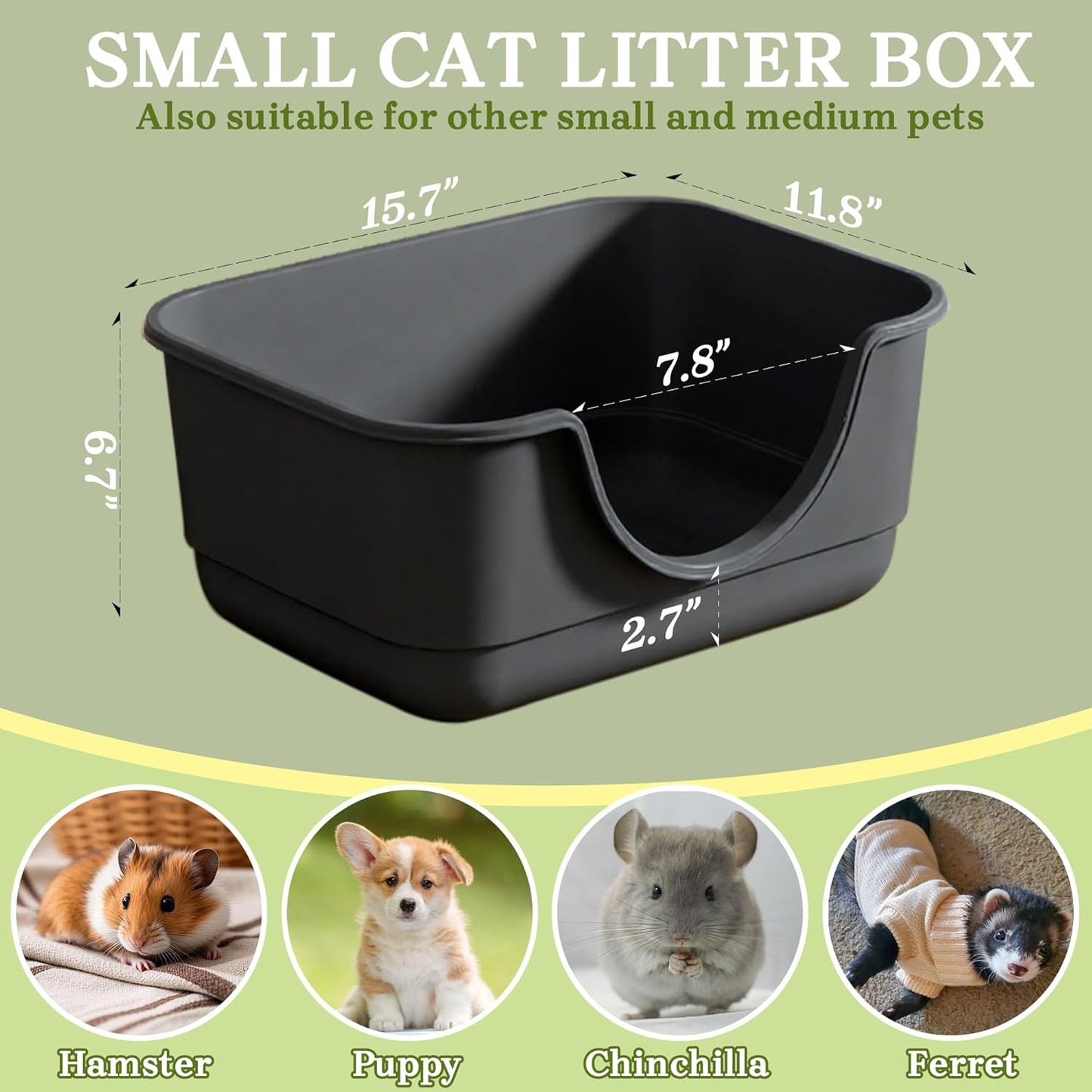 Low Entry Small Litter Box for Kittens, Kitty Plastic Litter Boxes, Open Top, Anti-Splash High Sided Litter Tray Pan for Medium Pets, Puppy, Easy to Clean, 15.7" L*11.8" W*6.7" H (Black)