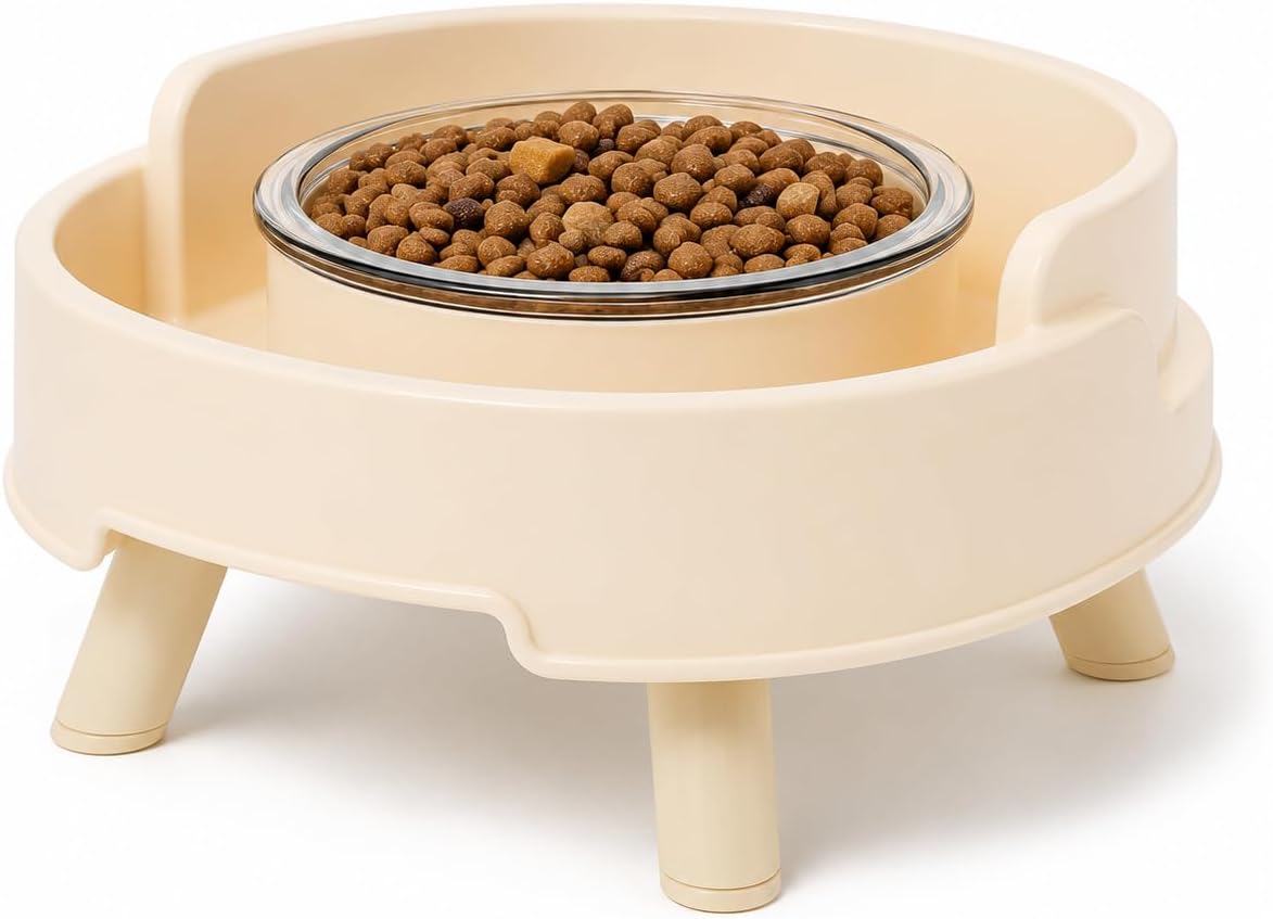 Ant Proof Cat Bowl, Elevated Raised Cat Feeder with Glass Bowl (Yellow) | Ant-Proof Water Moat Barrier Deep Wide Protective Moat 3.5" Elevated Feeding Height Removable Glass Food Bowl
