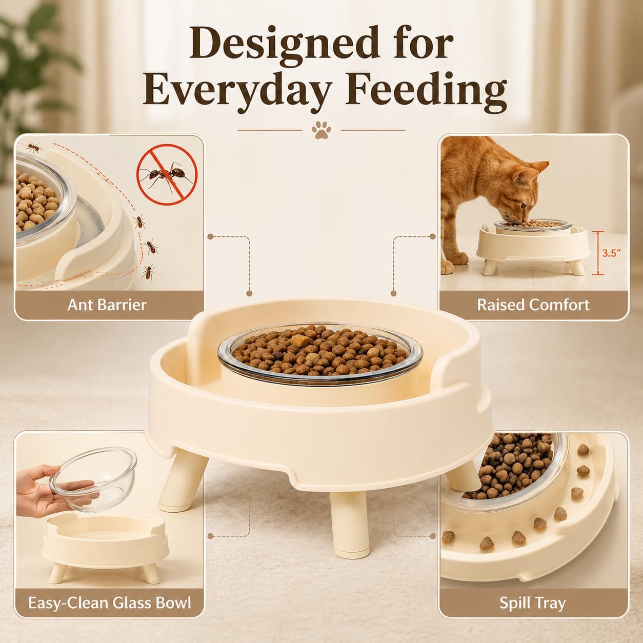 Ant Proof Cat Bowl, Elevated Raised Cat Feeder with Glass Bowl (Yellow) | Ant-Proof Water Moat Barrier Deep Wide Protective Moat 3.5" Elevated Feeding Height Removable Glass Food Bowl