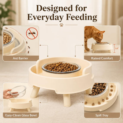Ant Proof Cat Bowl, Elevated Raised Cat Feeder with Glass Bowl (Yellow) | Ant-Proof Water Moat Barrier Deep Wide Protective Moat 3.5" Elevated Feeding Height Removable Glass Food Bowl