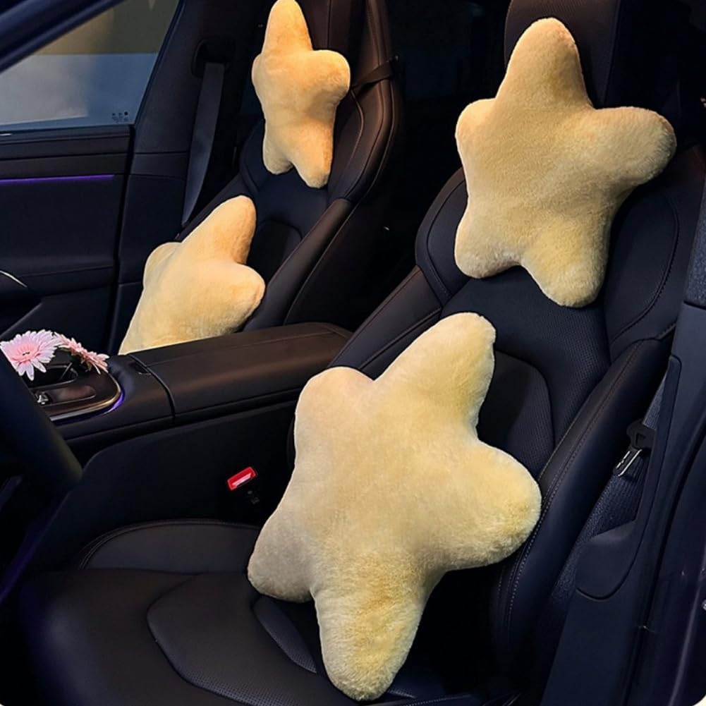 4 Pack Star Car Headrest Pillow and Lumbar Support Pillow Soft Yellow Star Decorative Pillows for Driving Cars Decor