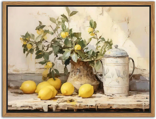 Floating Framed Vintage Kitchen Wall Art, Yellow Lemon Still Life Wall Decor Oil Paintings, Rustic Farmhouse Artwork Canvas Posters Prints Pictures for Living Room Bedroom Home Decor 12x16 Inch