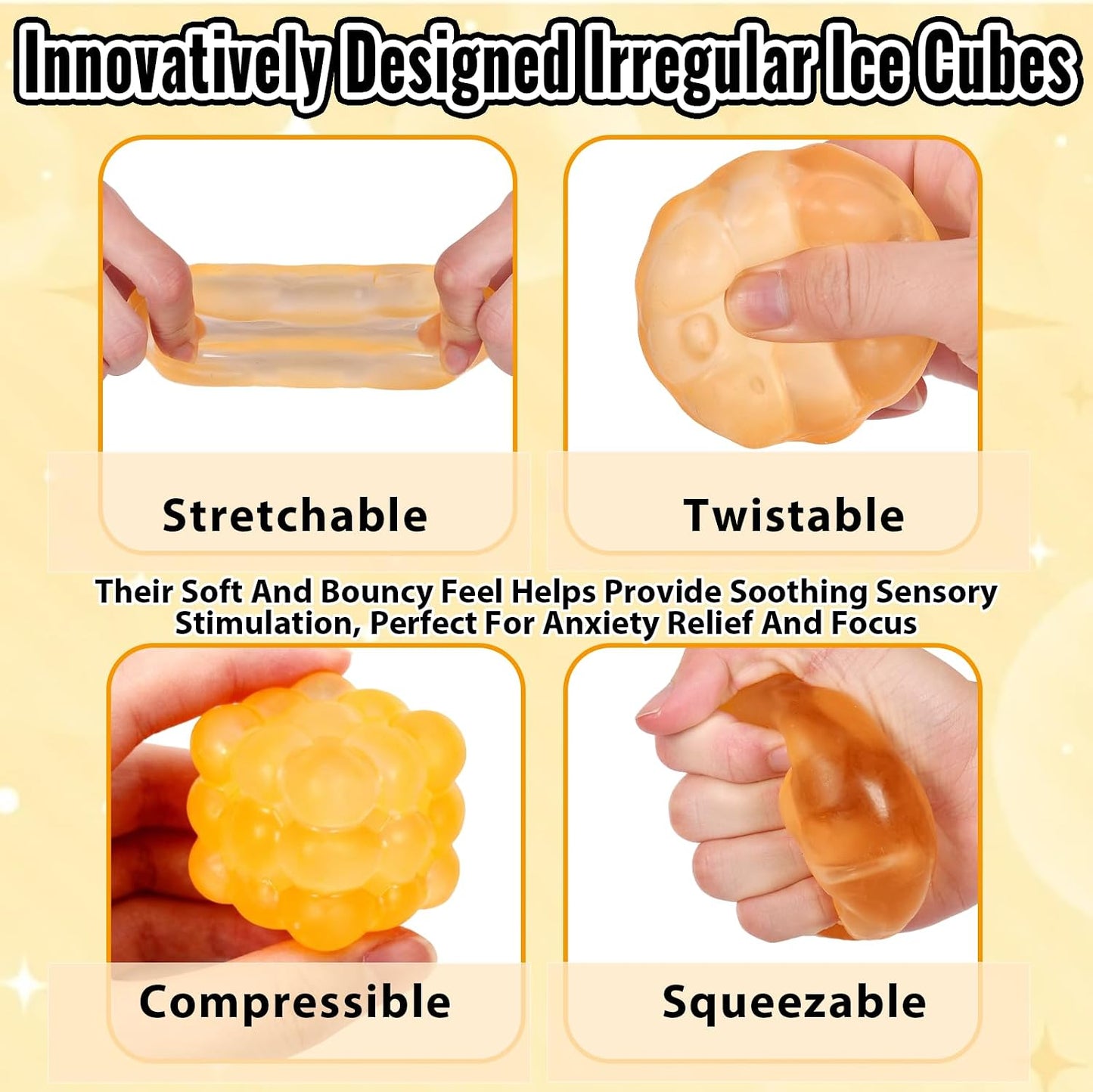 Ice Cube Squishy Fidget Toy, Standard Size 1.96 in Stress Ball for Adults and Kids, Soft Textured Sensory Toy with Irregular Shape for Anxiety Relief and Improving Focus(Yellow)