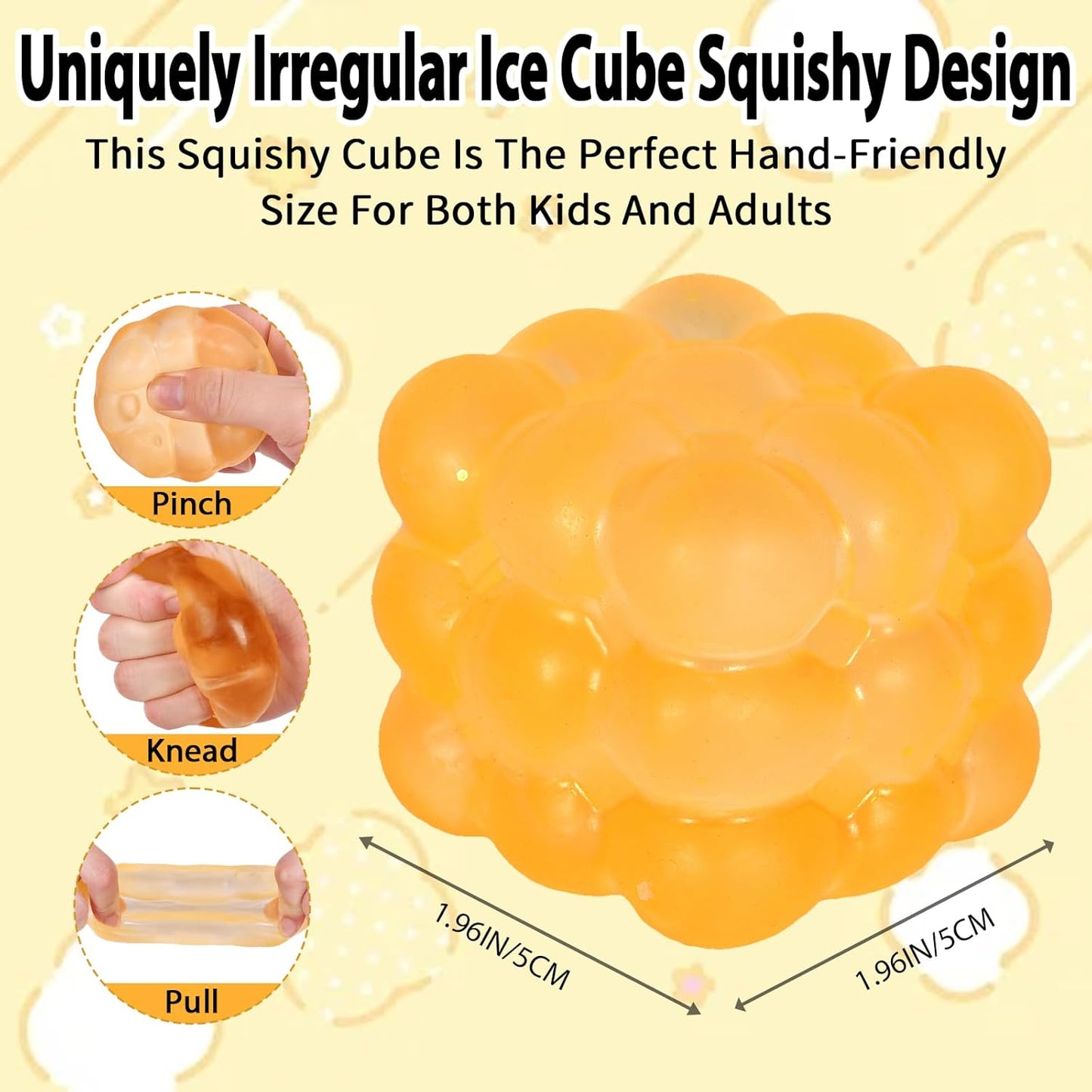 Ice Cube Squishy Fidget Toy, Standard Size 1.96 in Stress Ball for Adults and Kids, Soft Textured Sensory Toy with Irregular Shape for Anxiety Relief and Improving Focus(Yellow)