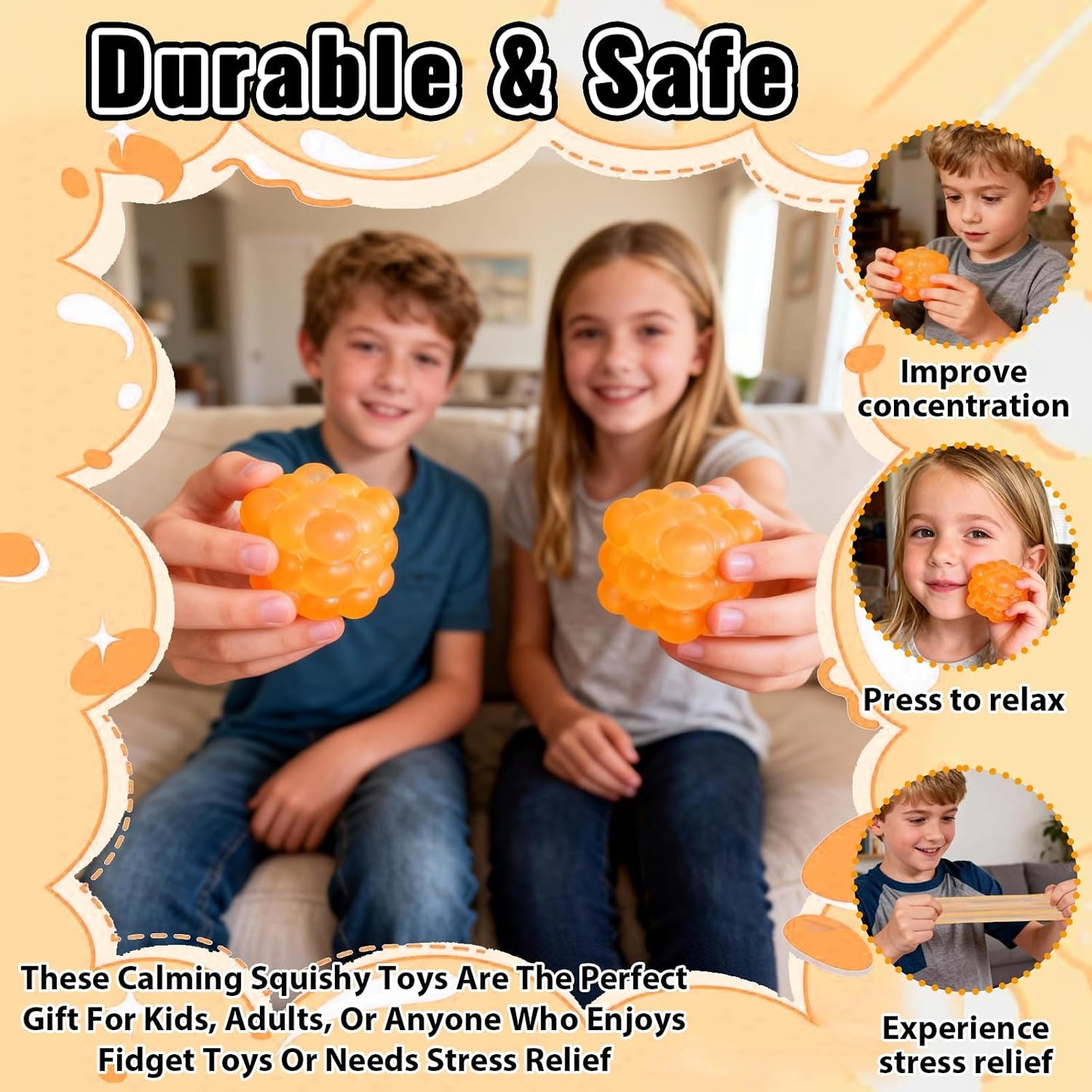 Ice Cube Squishy Fidget Toy, Standard Size 1.96 in Stress Ball for Adults and Kids, Soft Textured Sensory Toy with Irregular Shape for Anxiety Relief and Improving Focus(Yellow)