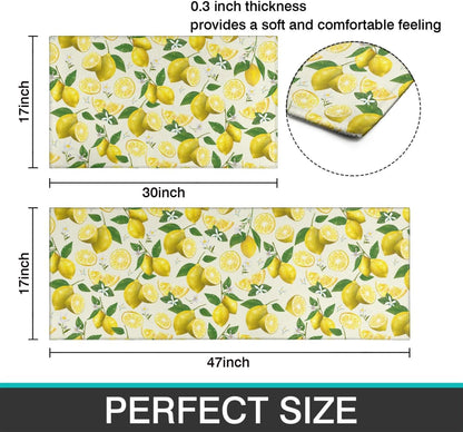 2 Piece Lemon Kitchen Decor Rugs Set, Farmhouse Country Kitchen Rugs and Mats Non Skid Washable Absorbent Microfiber Kitchen Accessories Decoration Floor Mats 17"x47"+17"x30"