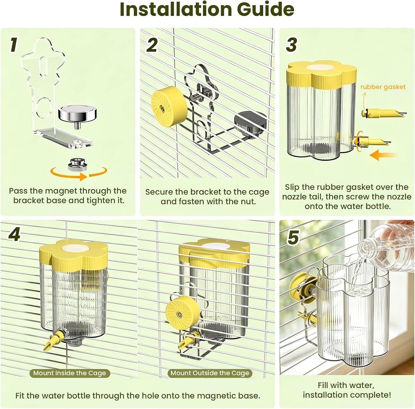 8.4 Oz No Mess Bird Water Feeder, Auto Parrot Cage Water Dispenser (Yellow) | Magnetic Mount, Drip-Free, Easy Top Refill, Mount Inside or Outside Cage, for Parakeets Cockatiels Budgies Lovebirds Canary
