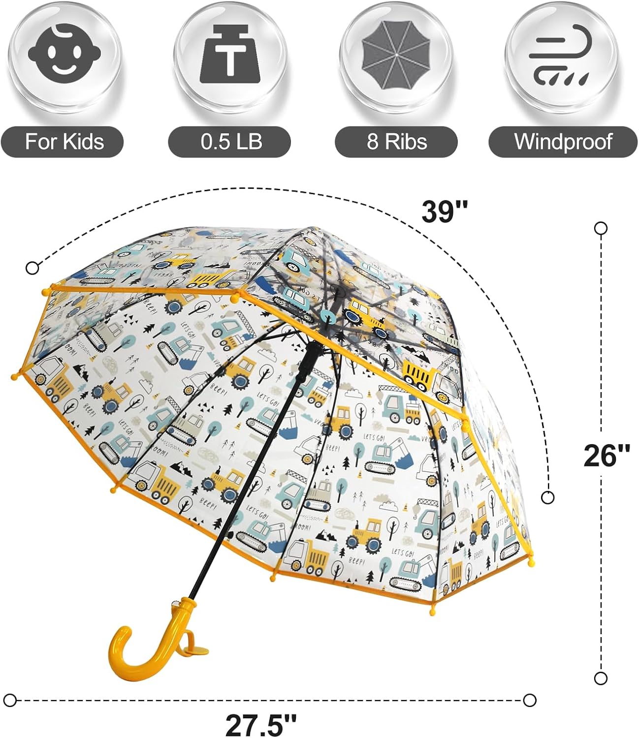 Kid's Cute Cartoon Transparent Umbrella, Lightweight Compact One-Button Automatic Open for Boys and Girls
