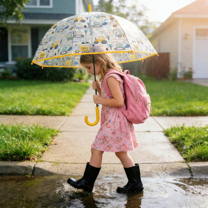 Kid's Cute Cartoon Transparent Umbrella, Lightweight Compact One-Button Automatic Open for Boys and Girls