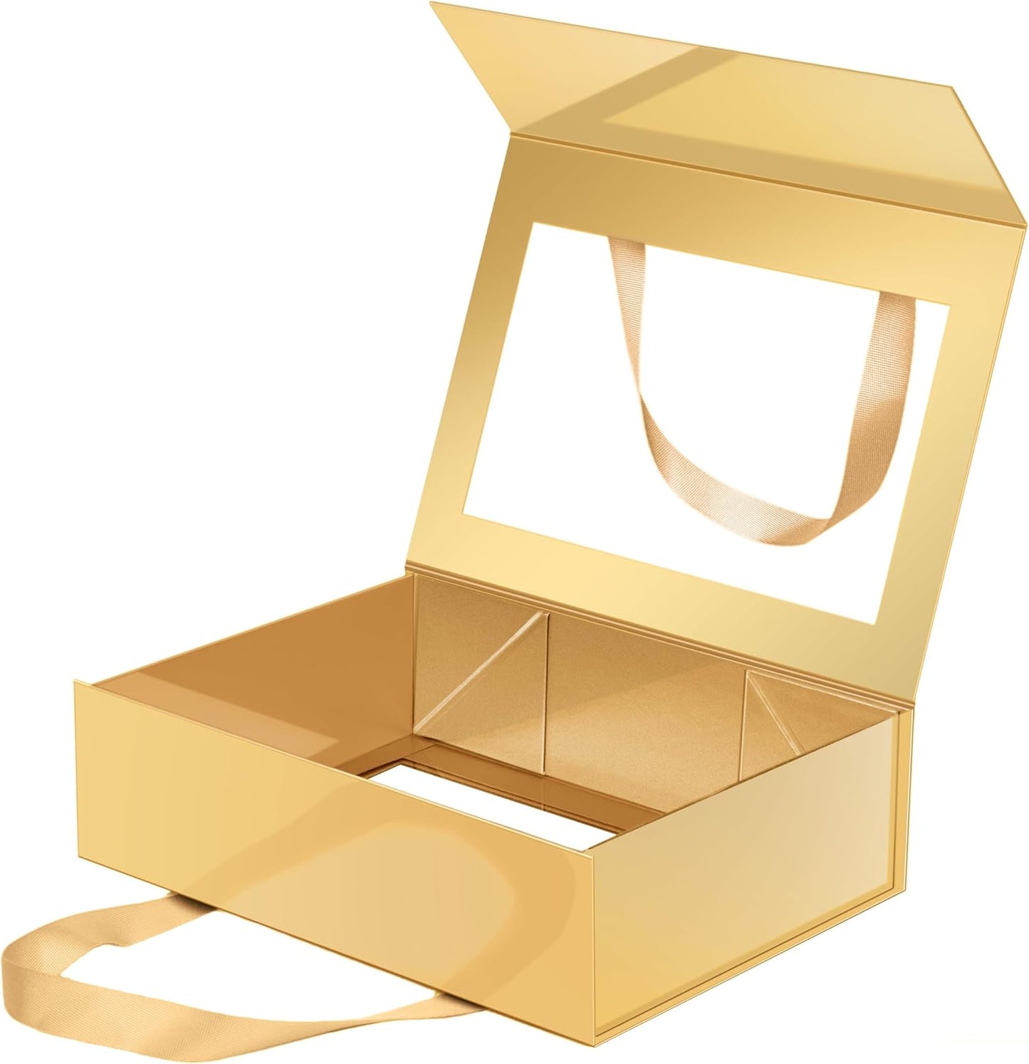 Magnetic Closure Gift Boxes with Windows Lids for Presents Gold | Clear Magnetic Gift Box for Present with Handle, Groomsman Proposal Box, 10.5x7.5x3 Inches