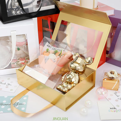 Magnetic Closure Gift Boxes with Windows Lids for Presents Gold | Clear Magnetic Gift Box for Present with Handle, Groomsman Proposal Box, 10.5x7.5x3 Inches