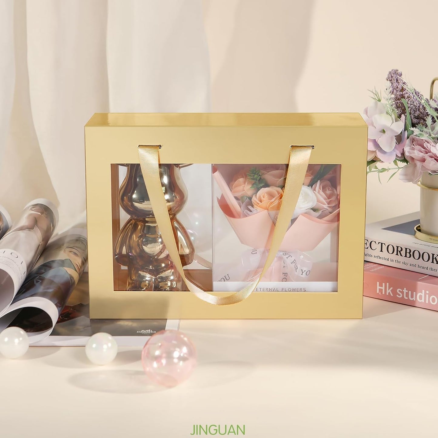 Magnetic Closure Gift Boxes with Windows Lids for Presents Gold | Clear Magnetic Gift Box for Present with Handle, Groomsman Proposal Box, 10.5x7.5x3 Inches