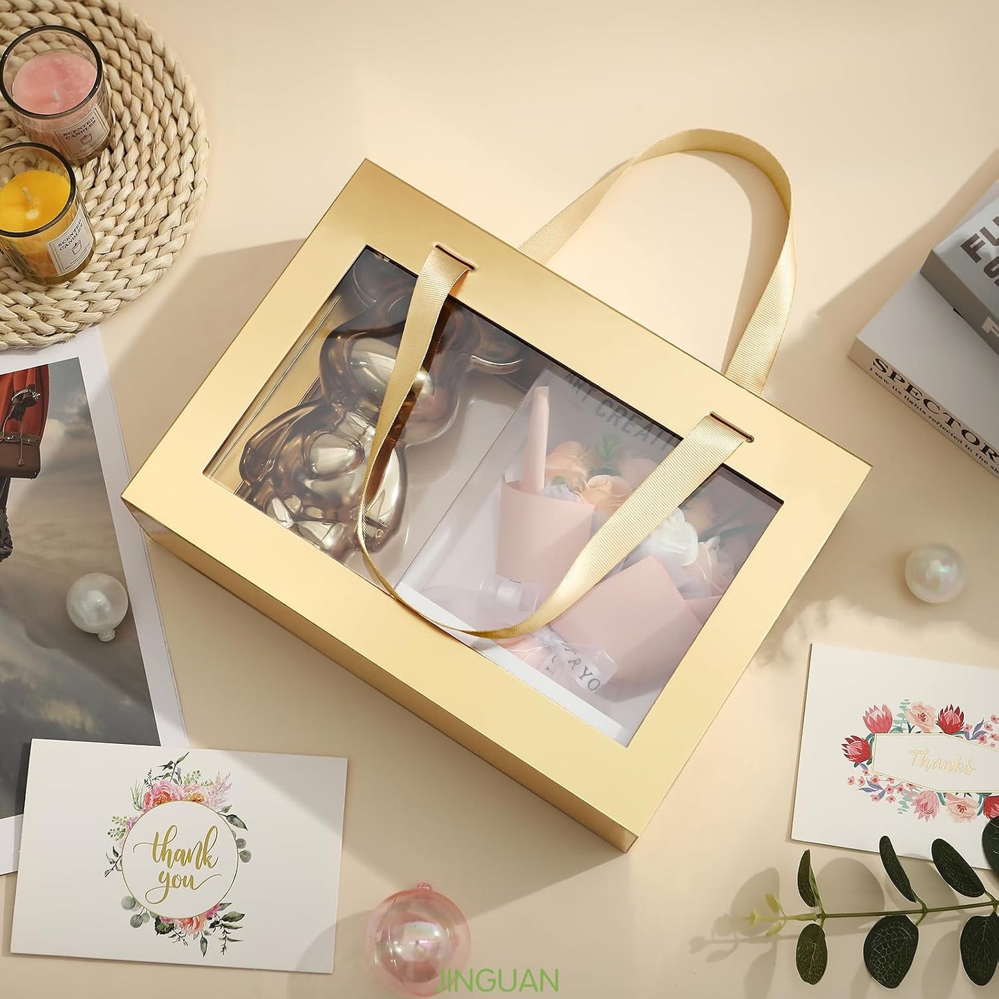 Magnetic Closure Gift Boxes with Windows Lids for Presents Gold | Clear Magnetic Gift Box for Present with Handle, Groomsman Proposal Box, 10.5x7.5x3 Inches