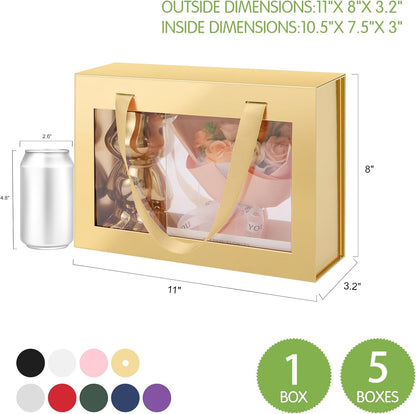 Magnetic Closure Gift Boxes with Windows Lids for Presents Gold | Clear Magnetic Gift Box for Present with Handle, Groomsman Proposal Box, 10.5x7.5x3 Inches