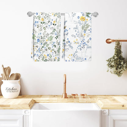 Set of 2 Blue and Yellow Floral Kitchen Towels Decorative Set Wildflower and Green Leaf on White Dish Towels for Kitchen Summer Floral Dish Cloths for Washing Dishes Absorbent Hand Towel
