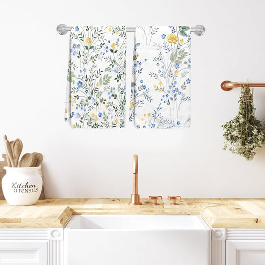 Set of 2 Blue and Yellow Floral Kitchen Towels Decorative Set Wildflower and Green Leaf on White Dish Towels for Kitchen Summer Floral Dish Cloths for Washing Dishes Absorbent Hand Towel