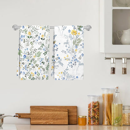 Set of 2 Blue and Yellow Floral Kitchen Towels Decorative Set Wildflower and Green Leaf on White Dish Towels for Kitchen Summer Floral Dish Cloths for Washing Dishes Absorbent Hand Towel
