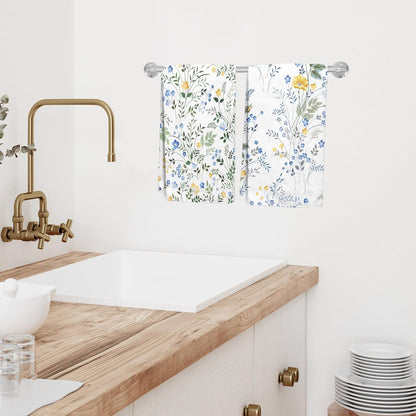 Set of 2 Blue and Yellow Floral Kitchen Towels Decorative Set Wildflower and Green Leaf on White Dish Towels for Kitchen Summer Floral Dish Cloths for Washing Dishes Absorbent Hand Towel