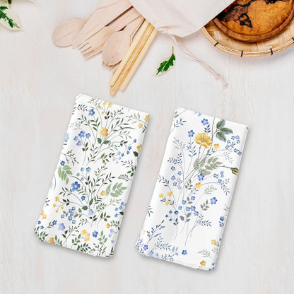 Set of 2 Blue and Yellow Floral Kitchen Towels Decorative Set Wildflower and Green Leaf on White Dish Towels for Kitchen Summer Floral Dish Cloths for Washing Dishes Absorbent Hand Towel