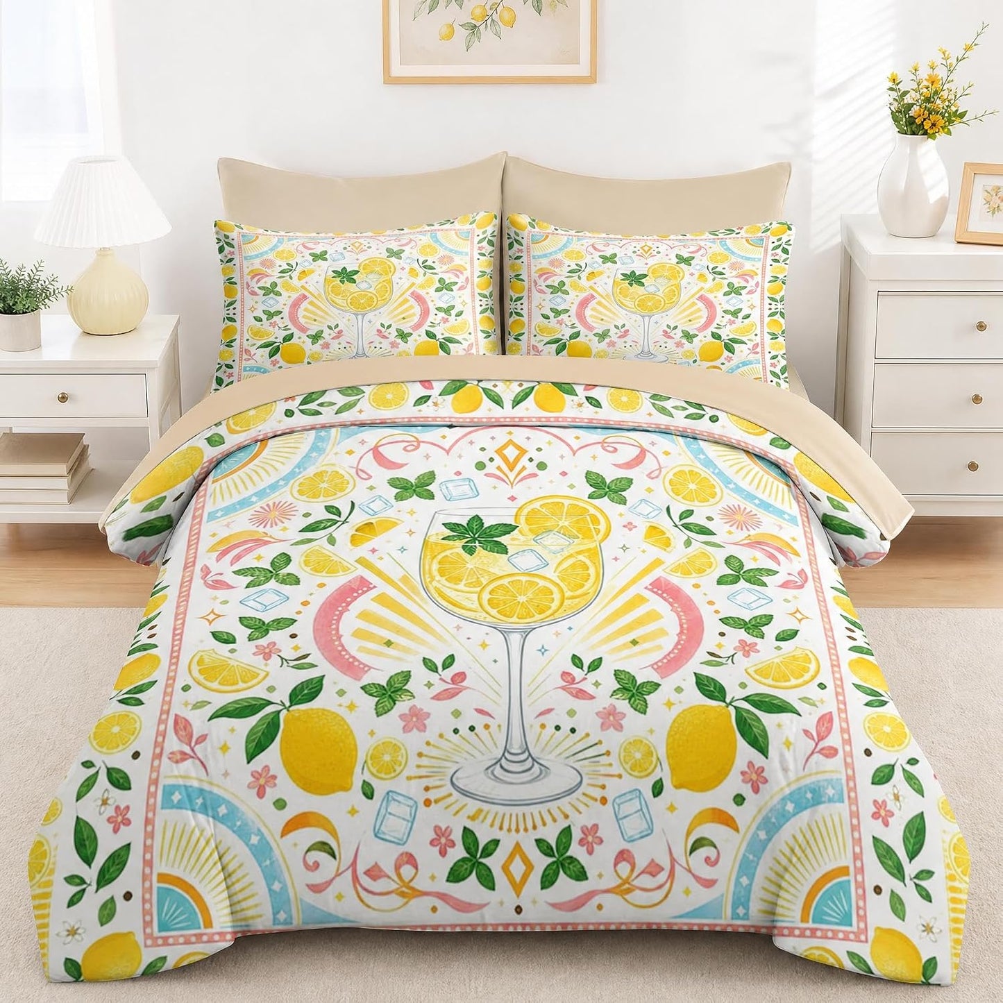 Comforter Set Twin Size Lemon Summer Yellow 7 Pcs, Bedding for Kids and Adults, Bed Sheet Sets with Fitted Sheet 2 Pillowcases & 2 Shams for Bedroom Bed Decor